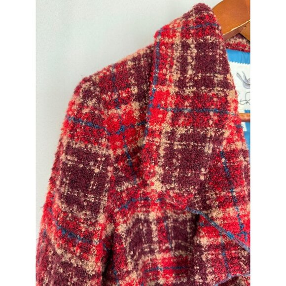 Anthropologie Tabitha Moretown Burgundy Red Blue Plaid Belted Blazer Size 12 - Picture 7 of 15